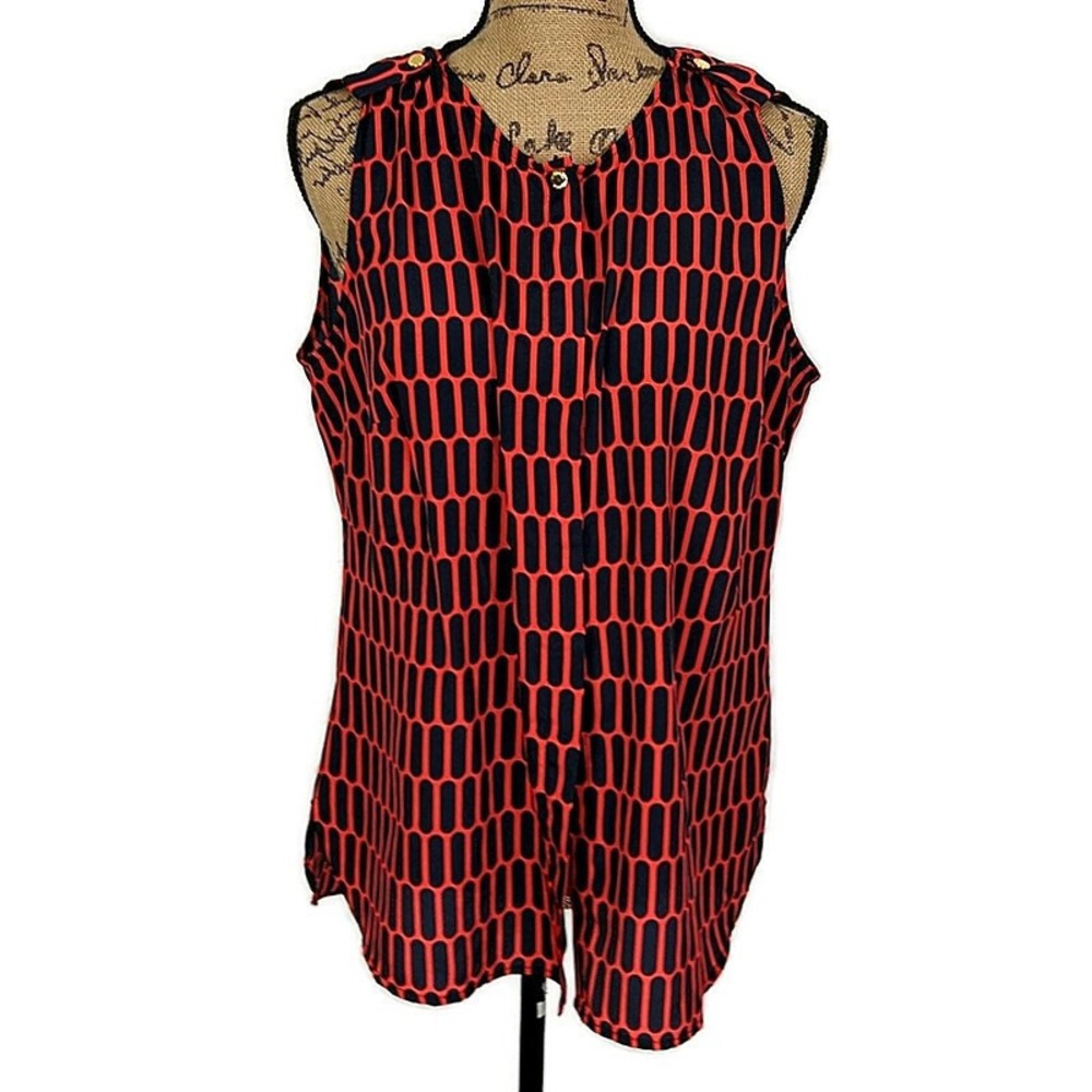 Michael‎ Michael Kors Blouse Womens 10 Red Navy Blue Geometric Sleeveless Career